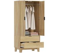 HOMCOM Armario con 2 puertas acanaladas con cierre suave, 2 cajones y barra para colgar, armario, vestidor, estilo moderno, 80 x 50 x 180 cm, madera natural