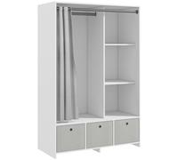 HOMCOM Armario con Cortina 105x48x160cm Blanco | Armario para ropa de dormitorio, guardarropa con barra colgadora, 3 compartimentos, 3 cajones de tela extraíbles