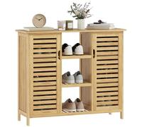 HOMCOM Armario de Almacenaje de Bambú con 2 Puertas de Lamas,Armario con Estantes y Compartimentos Abiertos, para Salón, Entrada, Recibidor, 100x33x86 cm Natural