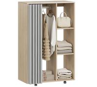 HOMCOM Armario de Almacenamiento móvil 4 Ruedas con Barra de Ropa y estantes Abiertos, Ropa vestidor rodante para Dormitorio, 80x40x128cm, Efecto Madera Natural