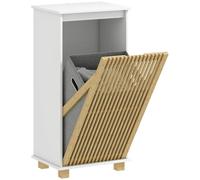 HOMCOM Armario de baño 40x30x80cm Blanco y Efecto Madera Natural | Cesta de la ropa, armario de almacenaje, puerta de bambú de lamas, bolsa extraíble