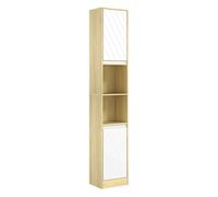 HOMCOM Armario de Baño Alto, Columna de Baño Estrecha con 2 Puertas y 2 Estantes Abiertos, para Espacios Pequeños, 30x24x170 cm, Roble y Blanco