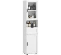 HOMCOM Armario de Baño Alto con Puerta de Vidrio Cajón 40x30x165 cm Blanco | Mueble Auxiliar de Baño, Estantes Ajustables, Estante Abierto, Columna Estrecha para Espacios Pequeños