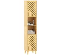 HOMCOM Armario de Baño Alto con Puertas y Patas de Bambú, Columna de Baño Estrecha, 32x30x170 cm, Estantes Regulables, Compartimento Abierto, Natural