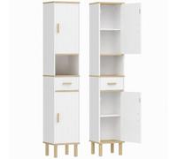 HOMCOM Armario de Baño Alto Estrecho con Patas Puertas Acanaladas Blanco | Mueble Auxiliar de Baño, Estantes Ajustables, Cajón, Estante Abierto, Patas de Madera, Espacios Pequeños, 31,5x29,7x171,5 cm