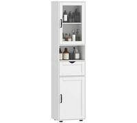 HOMCOM Armario de Baño Alto con Puerta de Vidrio Cajón 40x30x165 cm Blanco | Mueble Auxiliar de Baño, Estantes Ajustables, Estante Abierto, Columna Estrecha para Espacios Pequeños