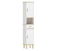HOMCOM Armario de Baño Alto, Mueble Auxiliar de Baño Estrecho con Estantes Ajustables, Puertas Acanaladas, Cajón, Estante Abierto, Patas de Madera, para Espacios Pequeños, 31,5x29,7x171,5 cm, Blanco