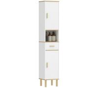 HOMCOM Armario de Baño Alto, Mueble Auxiliar de Baño Estrecho con Estantes Ajustables, Puertas Acanaladas, Cajón, Estante Abierto, Patas de Madera, para Espacios Pequeños, 31,5x29,7x171,5 cm, Blanco