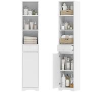 HOMCOM Armario de Baño Alto, Mueble Auxiliar de Baño Estrecho con Cajón, Diseño Acanalado, Estante Ajustable, Estantes Abiertos, para Espacios Pequeños, 33x30x172 cm, Blanco