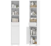 HOMCOM Armario de Baño Alto para Espacios Pequeños 33x30x172 cm Blanco | Mueble Auxiliar de Baño Estrecho con Cajón, Diseño Acanalado, Estante Ajustable, Estantes Abiertos
