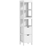 HOMCOM Armario de Baño con 3 Estantes Abiertos y 2 Cajones, Columna de Baño de Madera para Ahorrar Espacio, Armario para Comedor, Sala de Estar, Salón, Cocina, 30x30x141,2 cm, Blanco