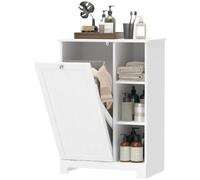 HOMCOM Armario de Baño con Cesto Ropa Sucia 60x38x86 cm Blanco | Mueble de Baño, Puerta Abatible, Estantes Abiertos, Cesta Extraíble