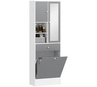 HOMCOM Armario de Baño con Cesto Ropa Sucia Armario Alto de Baño Estrecha con Espejo Cajón Compartimentos Abiertos y Estantes Ajustables 62x28,3x181 cm Blanco y Gris