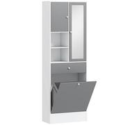 HOMCOM Armario de Baño con Cesto Ropa Sucia Espejo Cajón Compartimentos y Estantes Ajustables 62x28,3x181 cm Blanco y Gris