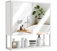 HOMCOM Armario de baño con espejo 60x16x60cm blanco | Montaje mural, puertas cierre suave, estante ajustable, armario industrial baño, almacenamiento abierto