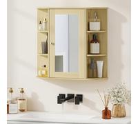 HOMCOM Armario de Baño con Espejo, Armario de Pared con Puerta, Estantes Abiertos, Mueble de Baño Colgar para Cocina, Salón, 66x17x63 cm, Natural