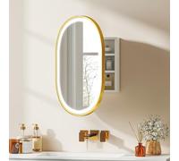 HOMCOM Armario de Baño con Espejo y Luces LED de 3 Colores, Armario de Pared Ovalado con Función Memoria y Antivaho, Brillo Ajustable, Control Táctil, Estantes Ajustables, Dorado