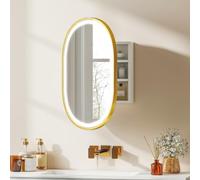 HOMCOM Armario de Baño con Espejo y Luces LED de 3 Colores de Pared Dorado | Armario de Pared Ovalado, Función Memoria y Antivaho, Brillo Ajustable, Control Táctil, Estantes Ajustables, Mueble Baño