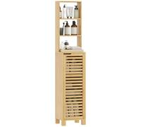HOMCOM Armario de Baño de Bambú, Mueble Auxiliar, 34x30x170 cm Natural | Columna de Baño Estrecha, Estante Abierto, Puerta de Lamas, Estante Ajustable