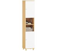 HOMCOM Armario de Baño de Columna con Puertas, 2 Estantes Abiertos, 2 Armarios, Armario de Baño Ahorrador de Espacio con Estantes Ajustables para Comedor Salón Comedor, 30x30x166 cm, Blanco y Madera