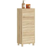 HOMCOM Armario de Baño Estrecho con Puerta de Listones 34x23x84 cm Natural | Mueble Auxiliar de Baño, 3 Estantes y Estante Ajustable, Apertura por Presión, Ahorro Espacio, Diseño Alto