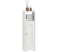 HOMCOM Armario de Baño Estrecho Mueble Auxiliar de Baño 21x20x79 cm con Estante Ajustable Portarrollos de Papel Extraíble y Puerta con Panel Arqueado para Espacios Pequeños Blanco