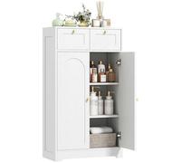 HOMCOM Armario de Baño Estrecho, Mueble Auxiliar de Baño, 60x30x108 cm, con 2 Cajones, Estante Abierto y Puerta con Panel Arqueado, Estilo Moderno, para Espacios Pequeños, Blanco Veteado