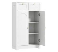 HOMCOM Armario de Baño Estrecho, Mueble Auxiliar de Baño, 60x30x108 cm, con 2 Cajones, Estante Abierto y Puerta con Panel Arqueado, Estilo Moderno, para Espacios Pequeños, Blanco Veteado