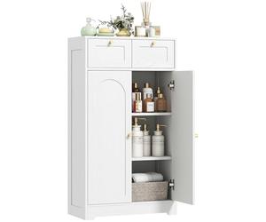 HOMCOM Armario de Baño Estrecho, Mueble Auxiliar de Baño, 60x30x108 cm, con 2 Cajones, Estante Abierto y Puerta con Panel Arqueado, Estilo Moderno, para Espacios Pequeños, Blanco Veteado