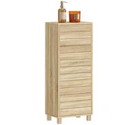 HOMCOM Armario de Baño Estrecho, Mueble Auxiliar de Baño con Puerta de Listones, 3 Estantes y Estante Ajustable, Apertura por Presión, Ahorro Espacio, 34x23x84 cm, Natural Natural Wood