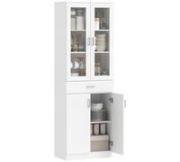 HOMCOM Armario de Cocina Alto 4 Puertas 60x35x180cm Blanco | Aparador, 2 puertas de vidrio, cajón, estantes ajustables, cierre suave, armario de almacenamiento sala de estar, comedor