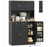 HOMCOM Armario de Cocina Alto de 173 cm con estación de Carga, Espacio para microondas, baldas Ajustables y 4 especieros en Puerta, Negro