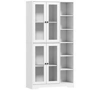 HOMCOM Armario de cocina con puertas de cristal, estantes, compartimentos abiertos, 172 cm de alto, MDF, Blanco