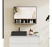 HOMCOM Armario de Pared, Armario de baño con Espejo para Colgar, Espejo de baño con almacenaje, armarios con 3 Puertas y 8 Compartimentos, Dim. 80L x 20W x 60H cm, Gris