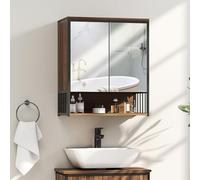 HOMCOM Armario de Pared con Espejo, 56 x 65 cm, Muebles de baño, Armario con Espejo con Compartimento Abierto, Puerta de Cierre Suave, marrón