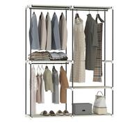 Homcom armario de ropa, perchero, 142x43x185 cm, armario abierto con 4 estantes de tela, 3 barras para colgar, marco de metal, para dormitorio, salón, vestidor, crema