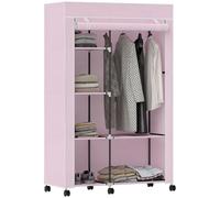 HOMCOM Armario de Tela con Ruedas, Armario Portátil, con Barra para Colgar, 6 Estantes, Marco de Acero, para Dormitorio, Vestidor, 103x43x162,5 cm, Rosa