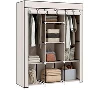 HOMCOM Armario de Tela Plegable, Armario Portátil con 2 Barras para Colgar, 8 Estantes, Marco de Acero, para Dormitorio, Vestidor, 125x43x162,5 cm, Crema