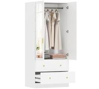 HOMCOM Armario Dormitorio 2 Puertas y 2 Cajones, 80x50x180 cm, Blanco | Armario Ropero con Espejo, Barra para Colgar, Estilo Moderno