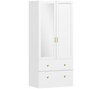 HOMCOM Armario Dormitorio 2 Puertas y 2 Cajones Armario Ropero con Espejo Barra para Colgar 80x50x180 cm Blanco
