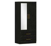 HOMCOM Armario Dormitorio 2 Puertas y 2 Cajones, Armario Ropero con Espejo, Relieve de Diamante, Barra para Colgar, Estilo Moderno, 80x50x180 cm, Negro