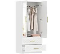 HOMCOM Armario Dormitorio 2 Puertas y 2 Cajones, Armario Ropero con Espejo, Relieve de Diamante, Barra para Colgar, Estilo Moderno, 80x50x180 cm, Blanco