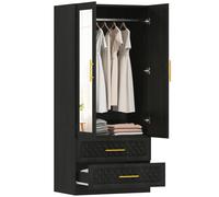 HOMCOM Armario Dormitorio 2 Puertas y 2 Cajones, Armario Ropero con Espejo, Relieve de Diamante, Barra para Colgar Negro