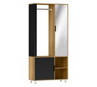 Homcom armario dormitorio con puerta con espejo, armario ropero con barra para colgar, 2 compartimentos abiertos, estilo moderno, 80x30x170 cm, natural y negro