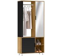 HOMCOM Armario Dormitorio con Puerta con Espejo, Armario Ropero con Barra para Colgar, 2 Compartimentos Abiertos, Estilo Moderno, 80x30x170 cm, Natural y Negro