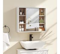 HOMCOM Armario Espejo con Espacio Interno con Estantes Ajustables Armario de Baño Montado en la Pared con Estantes Abiertos 60x14,5x49,4 cm Blanco y Roble