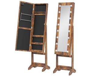 HOMCOM Armario Joyero con Espejo Regulable y Luces LED 36x30x136 cm Marrón Rústico Aosom España
