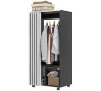 HOMCOM Armario móvil con Cortina 60x40x128cm Negro | Armario de almacenamiento, 4 ruedas, barra colgadora, estantes, armario rodante para dormitorio