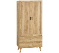 HOMCOM Armario para dormitorio con 2 puertas batientes con cierre suave y 2 cajones, armario guardarropa ahorra espacio multiusos con barra perchero y base elevada, 80 x 54 x 180 cm, color madera