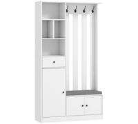 HOMCOM Armario Perchero 180 cm con Banco para Zapatos 4 Ganchos y Estantes Abiertos MDF Blanco Aosom España